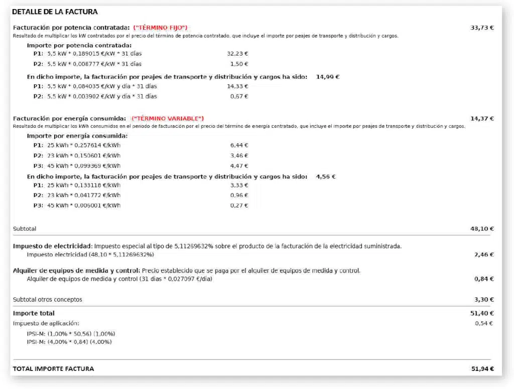 detalle de la factura